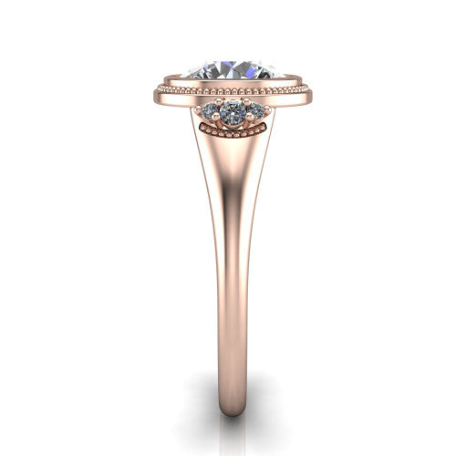 Elliana round bezel-set solitaire engagement ring in 14K Rose Gold with squared milgrain bezel and pavé shoulders, side profile showing the milgrain bezel and split gallery