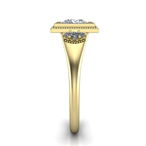 Elliana princess bezel-set solitaire engagement ring in 14K Yellow Gold with squared milgrain bezel and pavé shoulders, side profile showing the milgrain bezel and split gallery