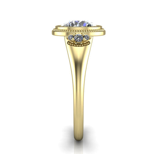 Elliana round bezel-set solitaire engagement ring in 14K Yellow Gold with squared milgrain bezel and pavé shoulders, side profile showing the milgrain bezel and split gallery
