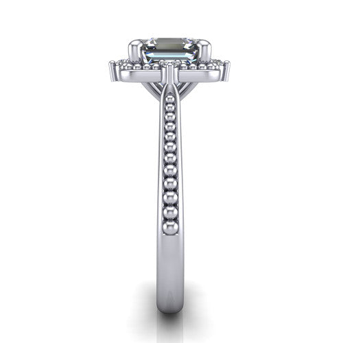 Esther asscher vintage halo engagement ring in Platinum with squared milgrain halo and corner points, side profile showing the milgrain bead-set band