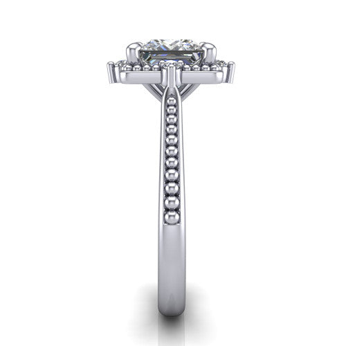Esther princess vintage halo engagement ring in Platinum with squared milgrain halo and corner points, side profile showing the milgrain bead-set band