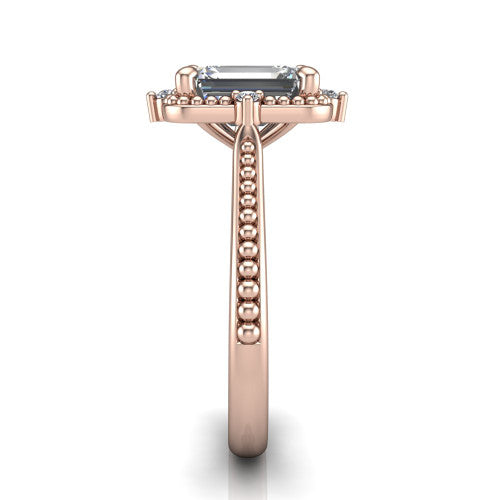 Esther emerald vintage halo engagement ring in 18K Rose Gold with squared milgrain halo and corner points, side profile showing the milgrain bead-set band