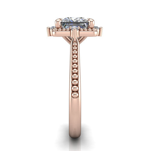 Esther princess vintage halo engagement ring in 14K Rose Gold with squared milgrain halo and corner points, side profile showing the milgrain bead-set band