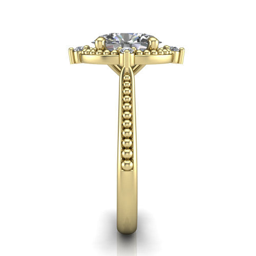 Esther oval vintage halo engagement ring in 18K Yellow Gold with squared milgrain halo and corner points, side profile showing the milgrain bead-set band