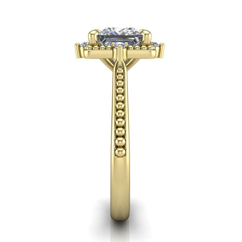 Esther princess vintage halo engagement ring in 14K Yellow Gold with squared milgrain halo and corner points, side profile showing the milgrain bead-set band