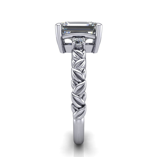 Mackenzie emerald leaf band engagement ring in 14K White Gold with carved rope-twist shank and round side accents, side profile showing the carved leaf and rope-twist band