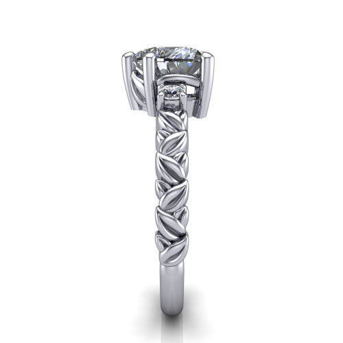 Mackenzie heart leaf band engagement ring in Platinum with carved rope-twist shank and round side accents, side profile showing the carved leaf and rope-twist band