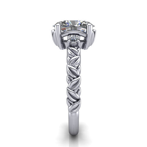 Mackenzie oval leaf band engagement ring in 14K White Gold with carved rope-twist shank and round side accents, side profile showing the carved leaf and rope-twist band
