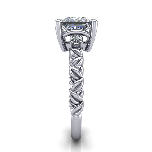 Mackenzie princess leaf band engagement ring in 18K White Gold with carved rope-twist shank and round side accents, side profile showing the carved leaf and rope-twist band