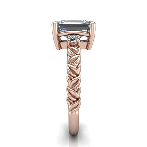 Mackenzie emerald leaf band engagement ring in 18K Rose Gold with carved rope-twist shank and round side accents, side profile showing the carved leaf and rope-twist band