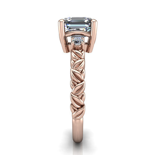 Mackenzie asscher leaf band engagement ring in 14K Rose Gold with carved rope-twist shank and round side accents, side profile showing the carved leaf and rope-twist band