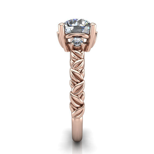 Mackenzie round leaf band engagement ring in 14K Rose Gold with carved rope-twist shank and round side accents, side profile showing the carved leaf and rope-twist band