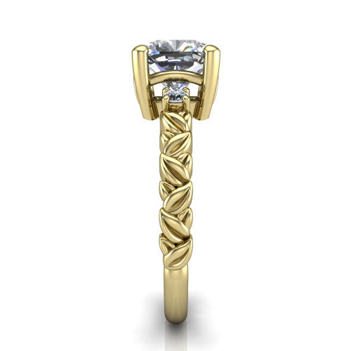 Mackenzie cushion leaf band engagement ring in 18K Yellow Gold with carved rope-twist shank and round side accents, side profile showing the carved leaf and rope-twist band