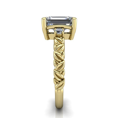 Mackenzie emerald leaf band engagement ring in 14K Yellow Gold with carved rope-twist shank and round side accents, side profile showing the carved leaf and rope-twist band