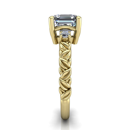 Mackenzie asscher leaf band engagement ring in 14K Yellow Gold with carved rope-twist shank and round side accents, side profile showing the carved leaf and rope-twist band