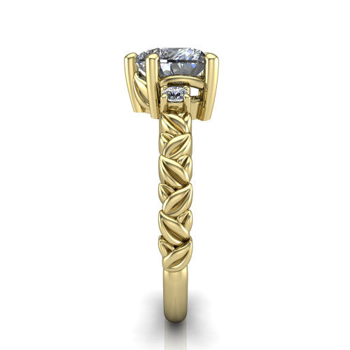Mackenzie heart leaf band engagement ring in 18K Yellow Gold with carved rope-twist shank and round side accents, side profile showing the carved leaf and rope-twist band