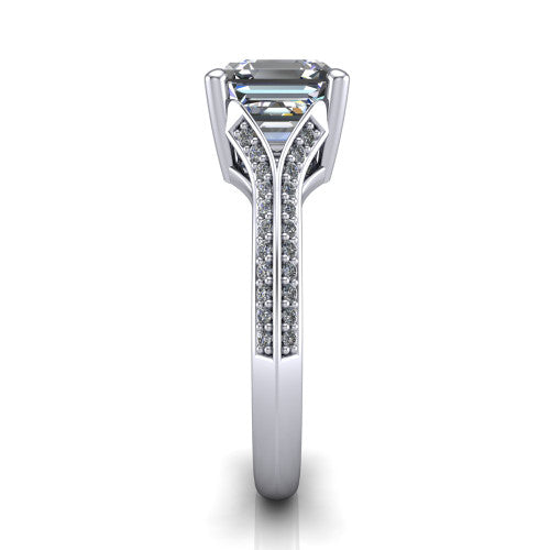 Cecilia asscher split shank engagement ring in 18K White Gold with micro-pavé band, side profile showing the pavé split shank