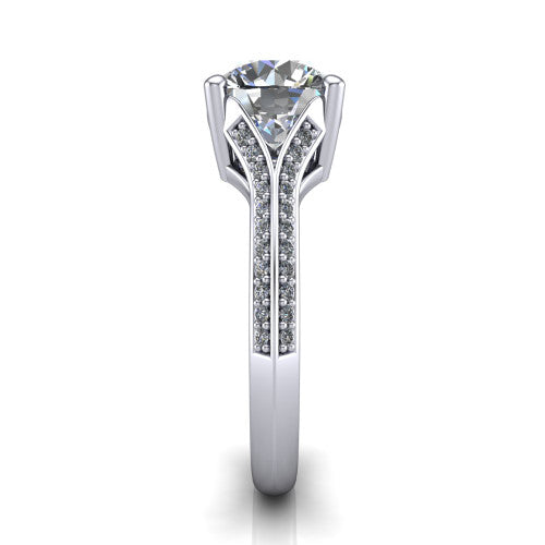 Cecilia round split shank engagement ring in Platinum with micro-pavé band, side profile showing the pavé split shank
