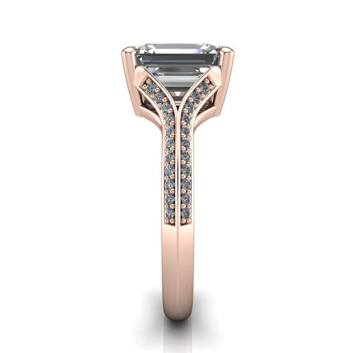 Cecilia emerald split shank engagement ring in 14K Rose Gold with micro-pavé band, side profile showing the pavé split shank