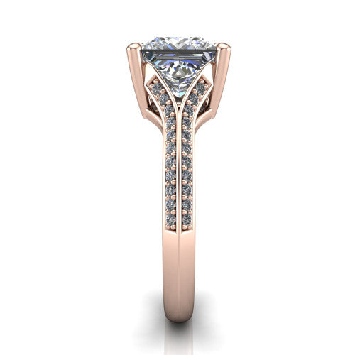 Cecilia princess split shank engagement ring in 14K Rose Gold with micro-pavé band, side profile showing the pavé split shank