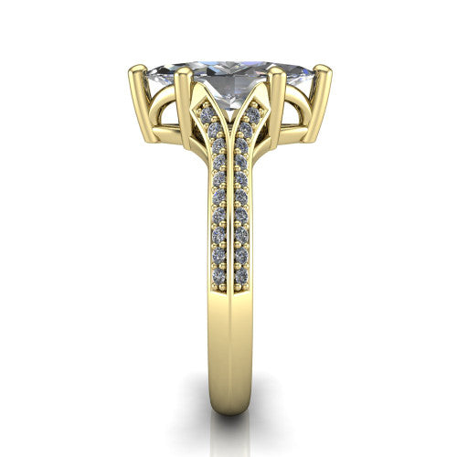 Cecilia marquise split shank engagement ring in 14K Yellow Gold with micro-pavé band, side profile showing the pavé split shank