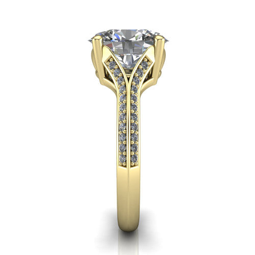 Cecilia oval split shank engagement ring in 18K Yellow Gold with micro-pavé band, side profile showing the pavé split shank