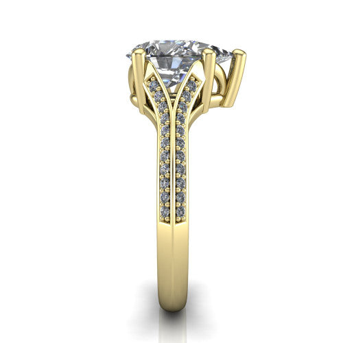 Cecilia pear split shank engagement ring in 18K Yellow Gold with micro-pavé band, side profile showing the pavé split shank