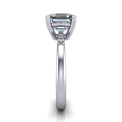 Rebecca asscher solitaire engagement ring in 14K White Gold with pavé shoulder accents, side profile showing the pavé shoulders and plain band