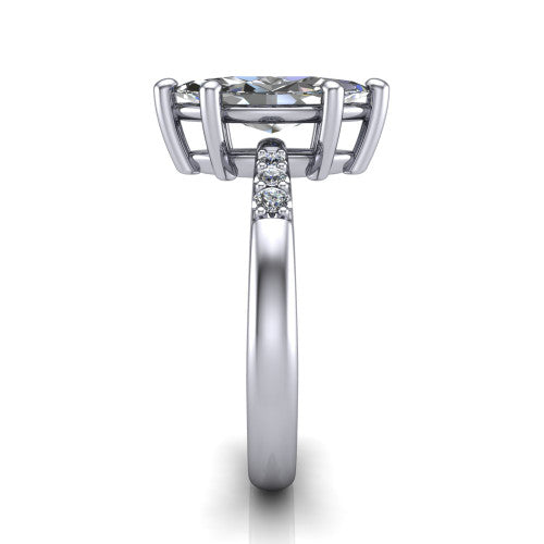 Rebecca marquise solitaire engagement ring in 18K White Gold with pavé shoulder accents, side profile showing the pavé shoulders and plain band