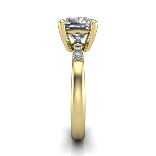 Rebecca cushion solitaire engagement ring in 18K Yellow Gold with pavé shoulder accents, side profile showing the pavé shoulders and plain band