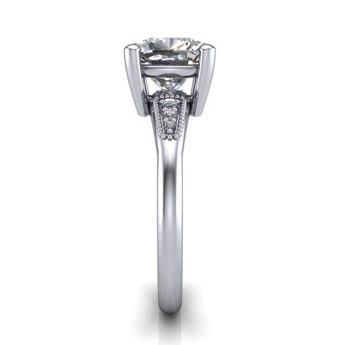 Juliette cushion pavé solitaire engagement ring in 18K White Gold with milgrain-edged band, side profile showing the tapered milgrain pavé band
