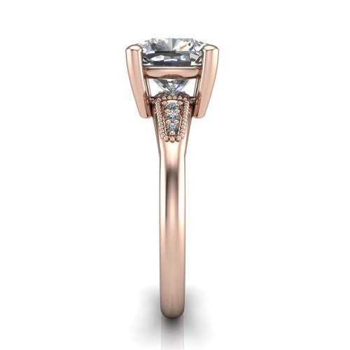 Juliette cushion pavé solitaire engagement ring in 18K Rose Gold with milgrain-edged band, side profile showing the tapered milgrain pavé band