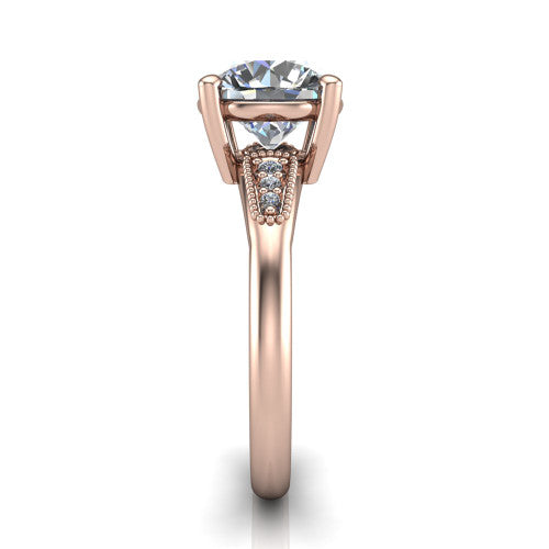Juliette round pavé solitaire engagement ring in 14K Rose Gold with milgrain-edged band, side profile showing the tapered milgrain pavé band
