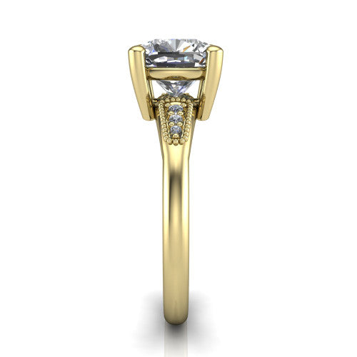 Juliette cushion pavé solitaire engagement ring in 18K Yellow Gold with milgrain-edged band, side profile showing the tapered milgrain pavé band
