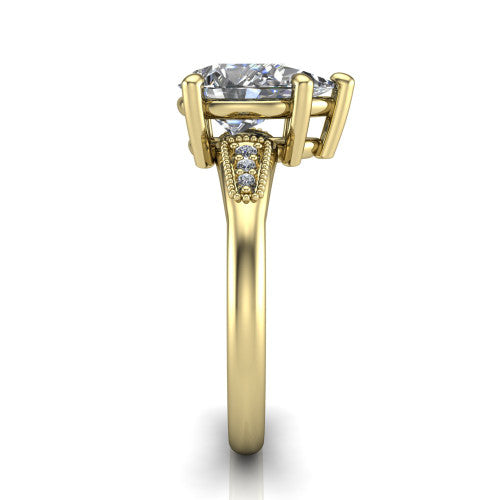 Juliette pear pavé solitaire engagement ring in 18K Yellow Gold with milgrain-edged band, side profile showing the tapered milgrain pavé band
