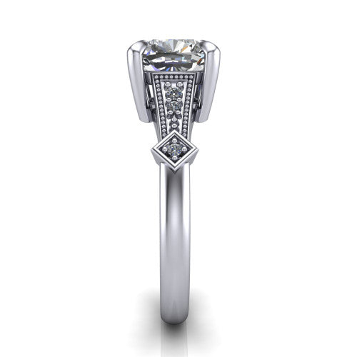 Emerson cushion solitaire engagement ring in 14K White Gold, side profile showing the milgrain band, kite accents, and tapered profile in side view