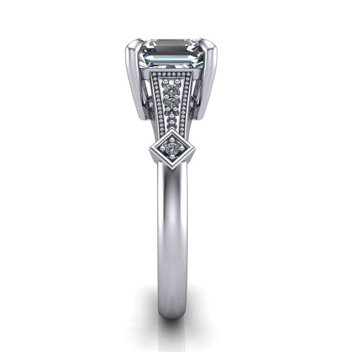 Emerson square emerald-cut solitaire engagement ring in Platinum, side profile showing the milgrain band, kite accents, and tapered profile in side view