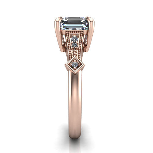 Emerson square emerald-cut solitaire engagement ring in 14K Rose Gold, side profile showing the milgrain band, kite accents, and tapered profile in side view