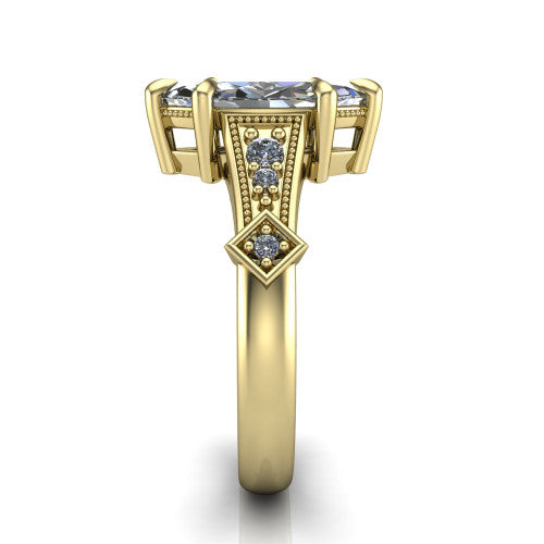 Emerson marquise solitaire engagement ring in 18K Yellow Gold, side profile showing the milgrain band, kite accents, and tapered profile in side view