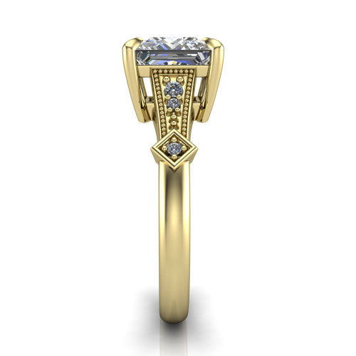 Emerson princess-cut solitaire engagement ring in 14K Yellow Gold, side profile showing the milgrain band, kite accents, and tapered profile in side view