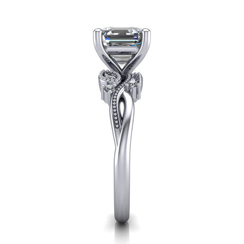 Ashley square emerald-cut solitaire engagement ring in 18K White Gold, side profile showing the leaf motif, diamond accents, and twisted band in side view