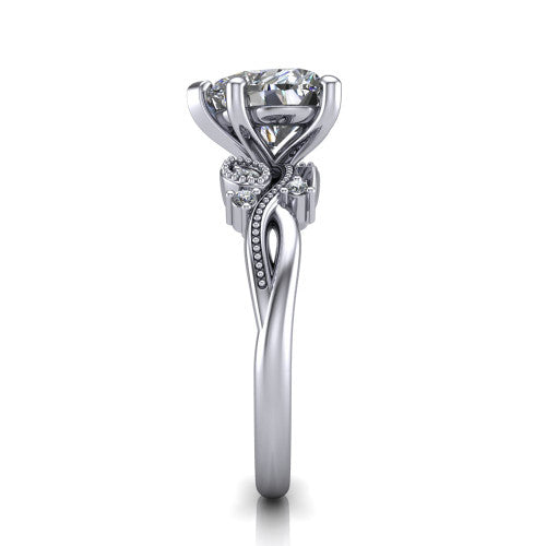 Ashley heart solitaire engagement ring in 14K White Gold, side profile showing the leaf motif, diamond accents, and twisted band in side view