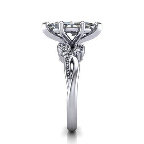 Ashley marquise solitaire engagement ring in Platinum, side profile showing the leaf motif, diamond accents, and twisted band in side view