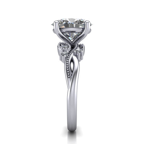Ashley oval solitaire engagement ring in Platinum, side profile showing the leaf motif, diamond accents, and twisted band in side view
