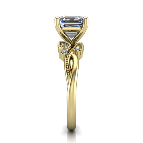 Ashley square emerald-cut solitaire engagement ring in 14K Yellow Gold, side profile showing the leaf motif, diamond accents, and twisted band in side view