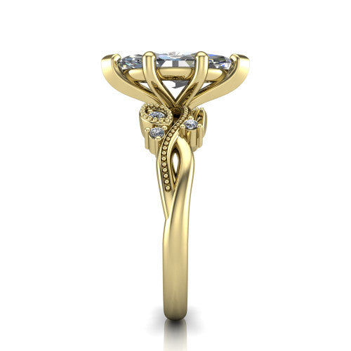 Ashley marquise solitaire engagement ring in 18K Yellow Gold, side profile showing the leaf motif, diamond accents, and twisted band in side view