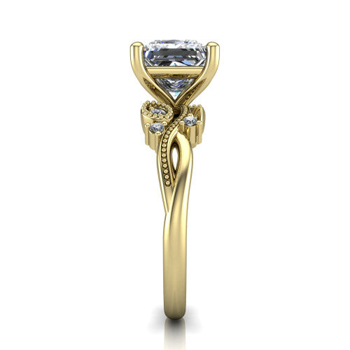 Ashley princess-cut solitaire engagement ring in 14K Yellow Gold, side profile showing the leaf motif, diamond accents, and twisted band in side view