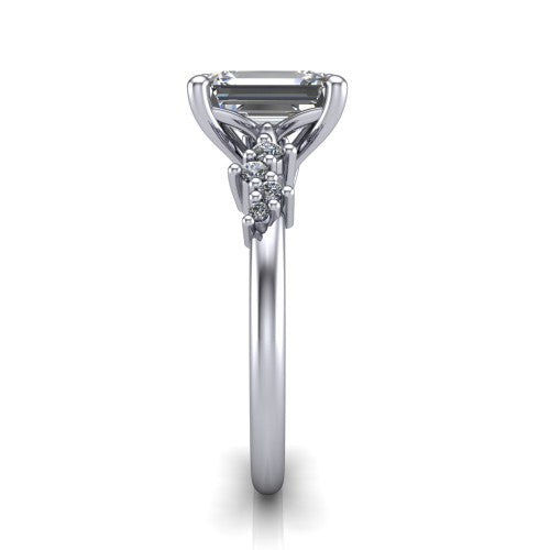 Georgia emerald-cut classic engagement ring in 18K White Gold, side profile showing the cluster accents, basket gallery, and slim band in side view