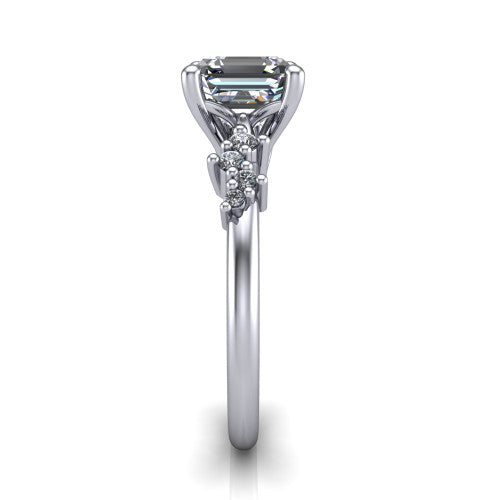 Georgia square emerald-cut classic engagement ring in 14K White Gold, side profile showing the cluster accents, basket gallery, and slim band in side view