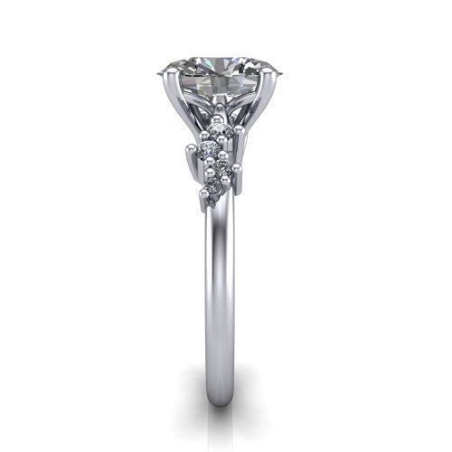 Georgia oval classic engagement ring in Platinum, side profile showing the cluster accents, basket gallery, and slim band in side view